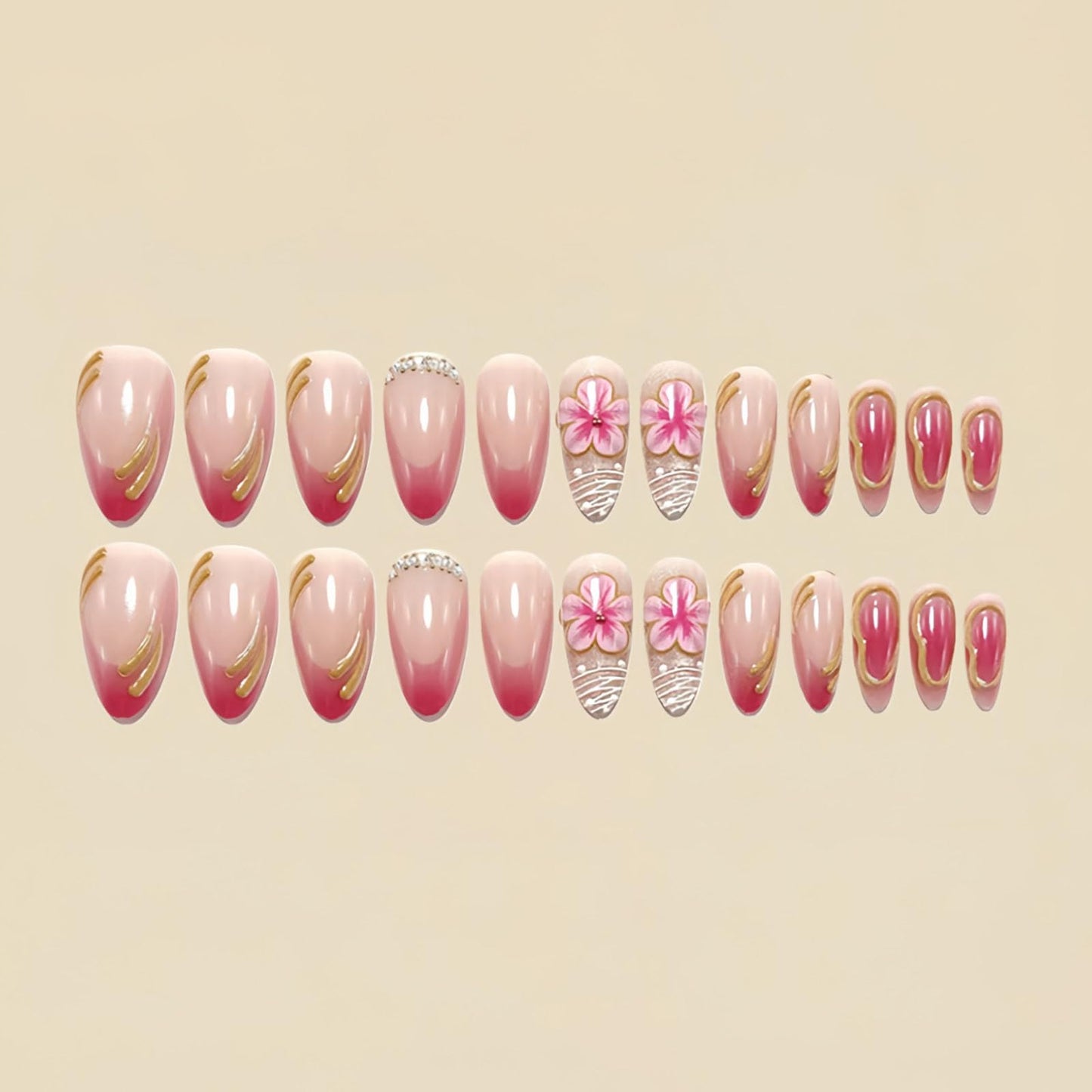 RUOKEXIN Almond Press on Nails French Tip Fake Nails Pink False Nails with Flower Designs Medium Nail Press ons Spring Summer Artificial Nails for Women 24Pcs
