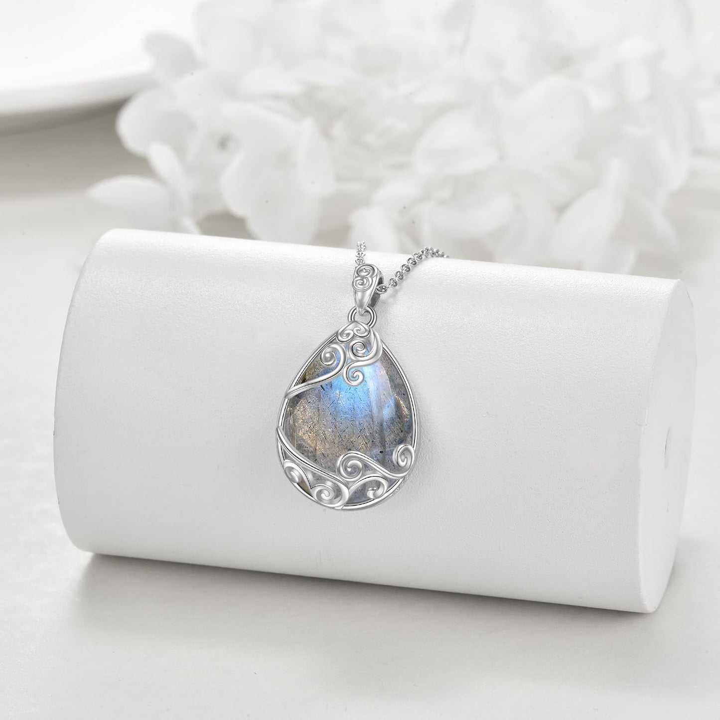 YAFEINI 925 Sterling Silver Labradorite Filigree Teardrop Pendant Necklace for Women