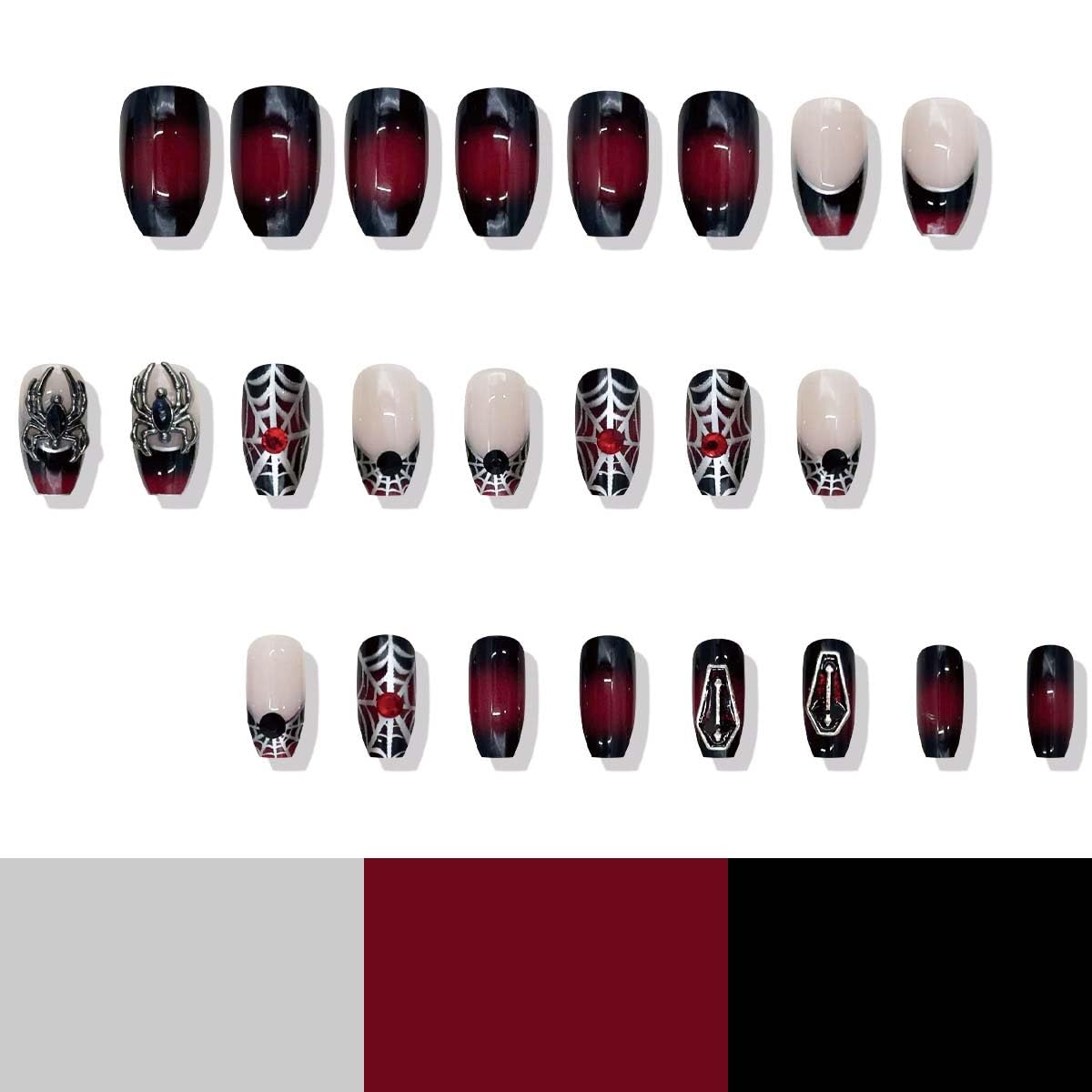 Spider Halloween Press on Nails Medium Coffin Fake Nails Goth Nails Press ons for Women Halloween ManicureReusable Artificial Nail Full Cover Glossy Glue on Nail Stick on Nails 24 Pcs