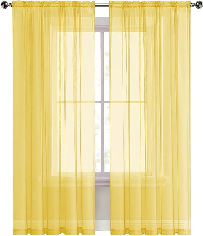 SpaceDresser Sheer Voile Window Treatment Rod Pocket Curtain Panels for Kitchen Bedroom Living Room Drapes Sunlight Filtering Privacy Semi Home Decor Assorted Colors Sizes (Yellow, 52 W x 63 L)