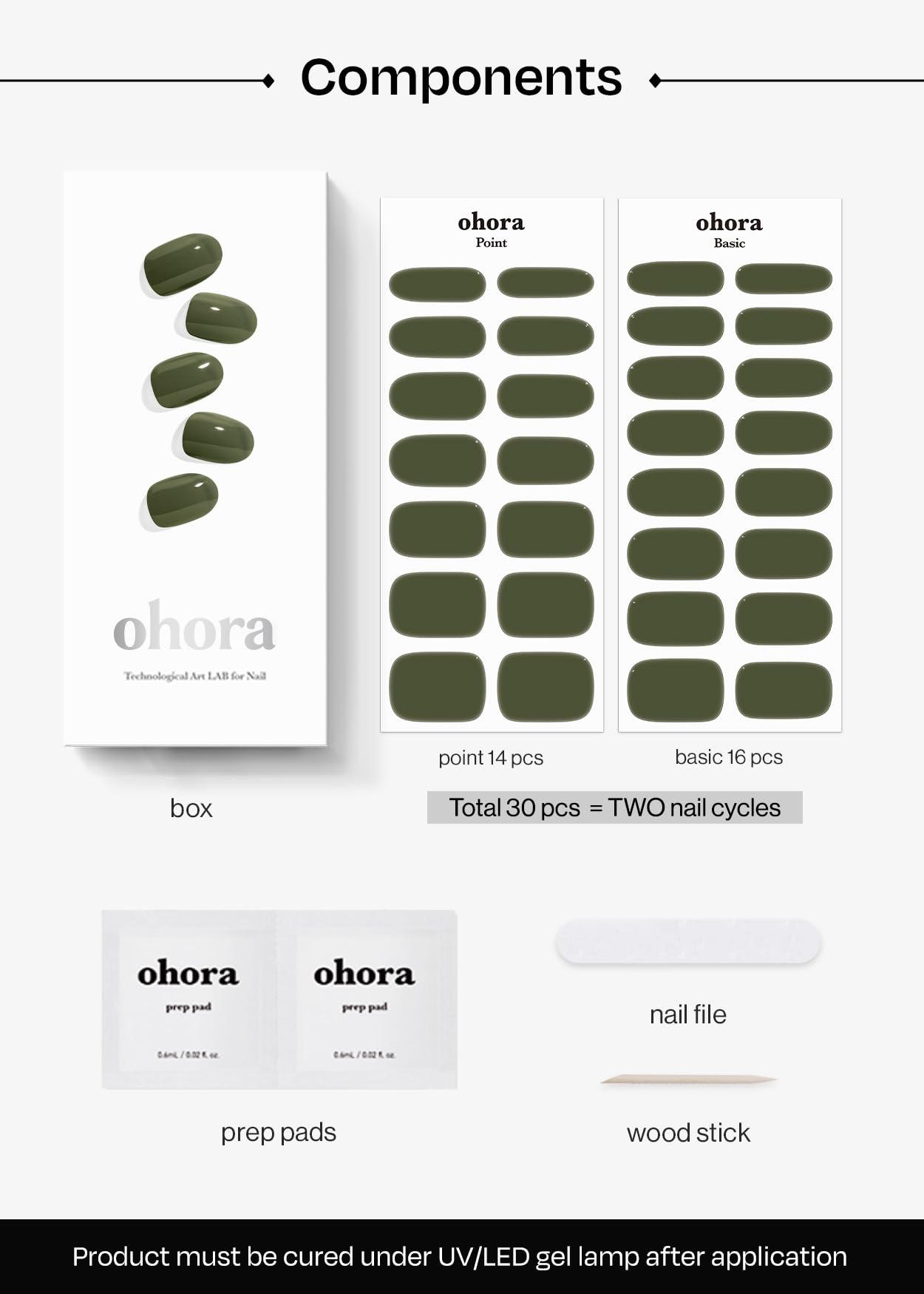 ohora Semi Cured Gel Nail Strips (N Cream Moss) - Green, Solid, Works with Any UV/LED Lamps, Salon-Quality, Long Lasting, Easy to Apply & Remove