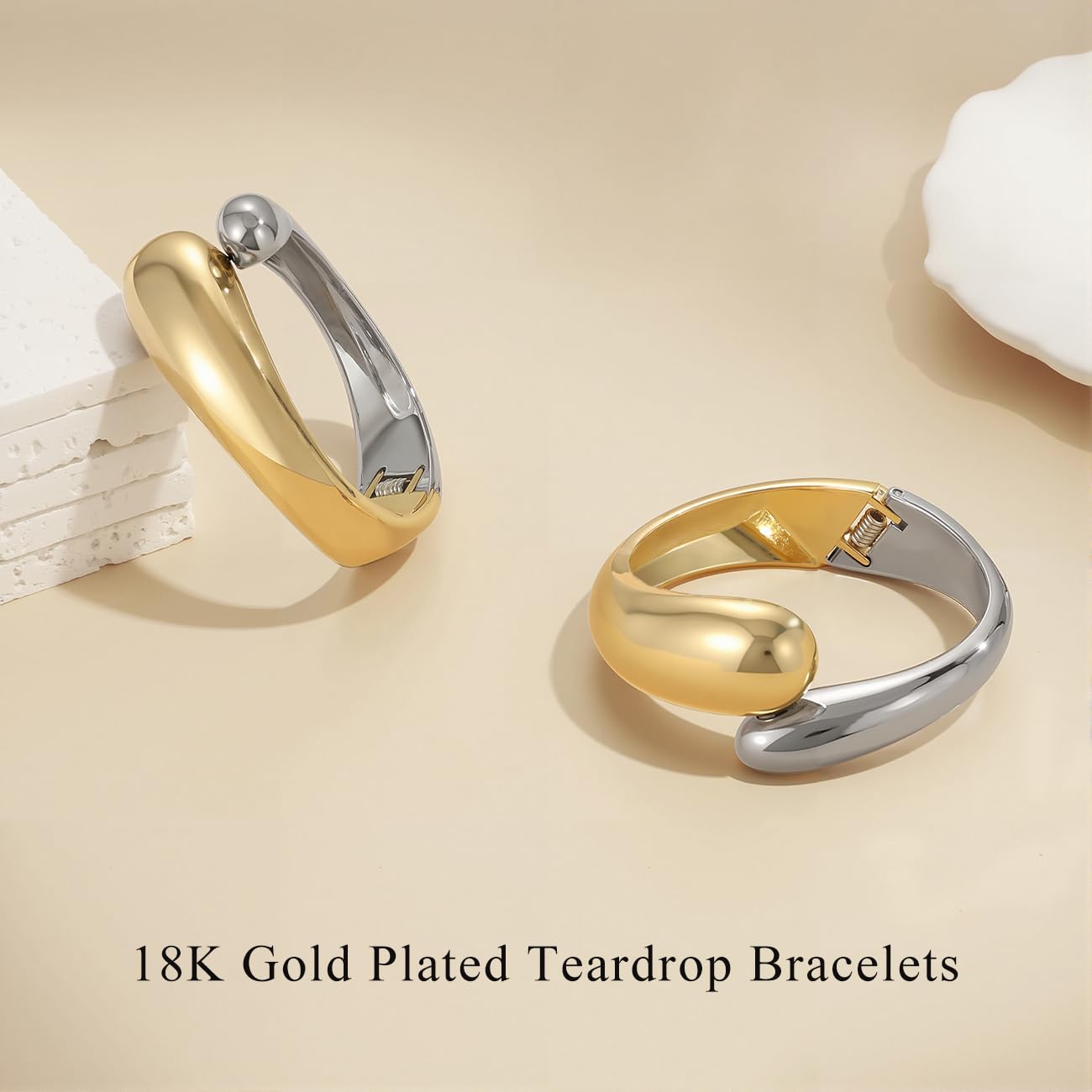 Emibele Cuff Bracelet Stack, 18K Gold-plated Open Bangle Bracelet with Teardrop Design, Hinged Gold Cuff Bracelets for Women, 2 Pack