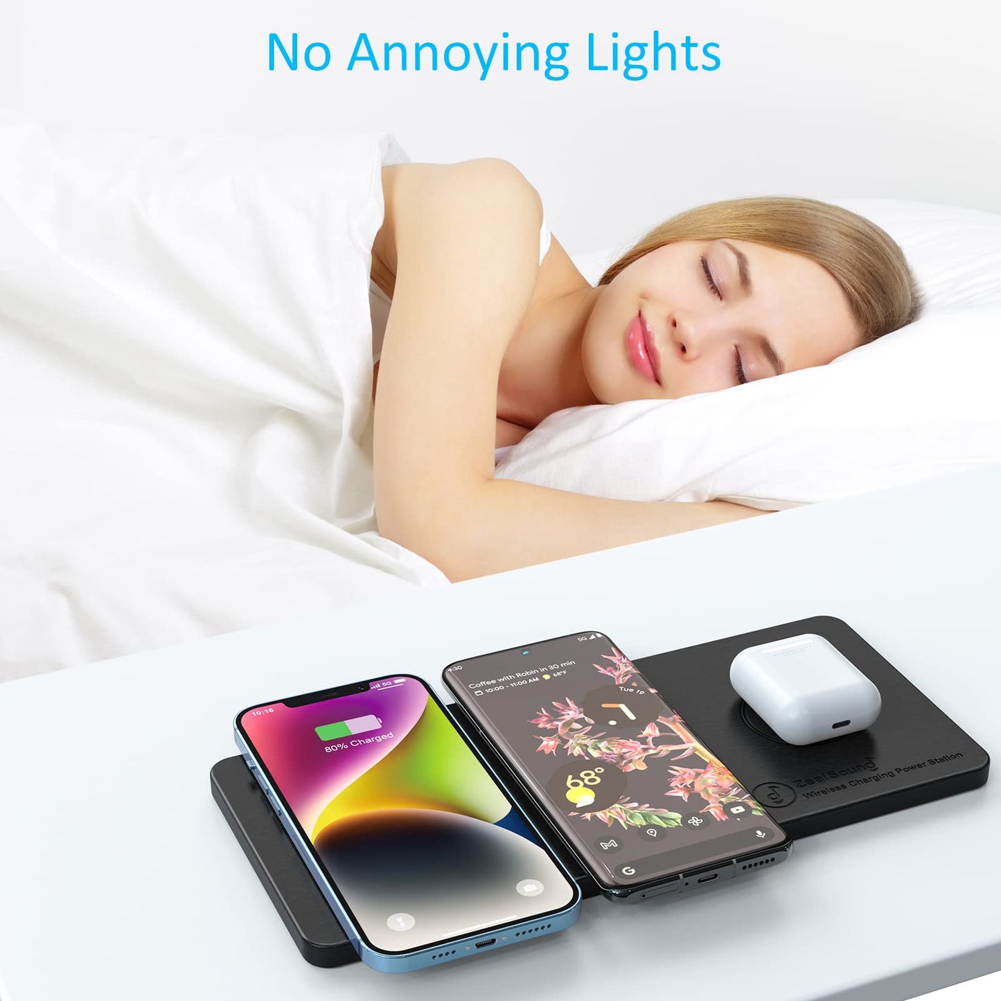 ZealSound Wireless Charging Pad, 3 in 1 Charger Mat for iPhone, Samsung Galaxy, Pixel, AirPods & Galaxy Buds, 24W Adapter Included, Ultra Slim, Case Friendly, PU Leather, for Home Office & Travel