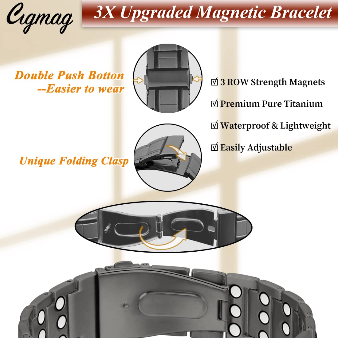 Cigmag 3X Magnetic Bracelets for Men Upgrade Folding Clasp Titanium Bracelet & Copper Ring Adjustable Set with Sizing Tools