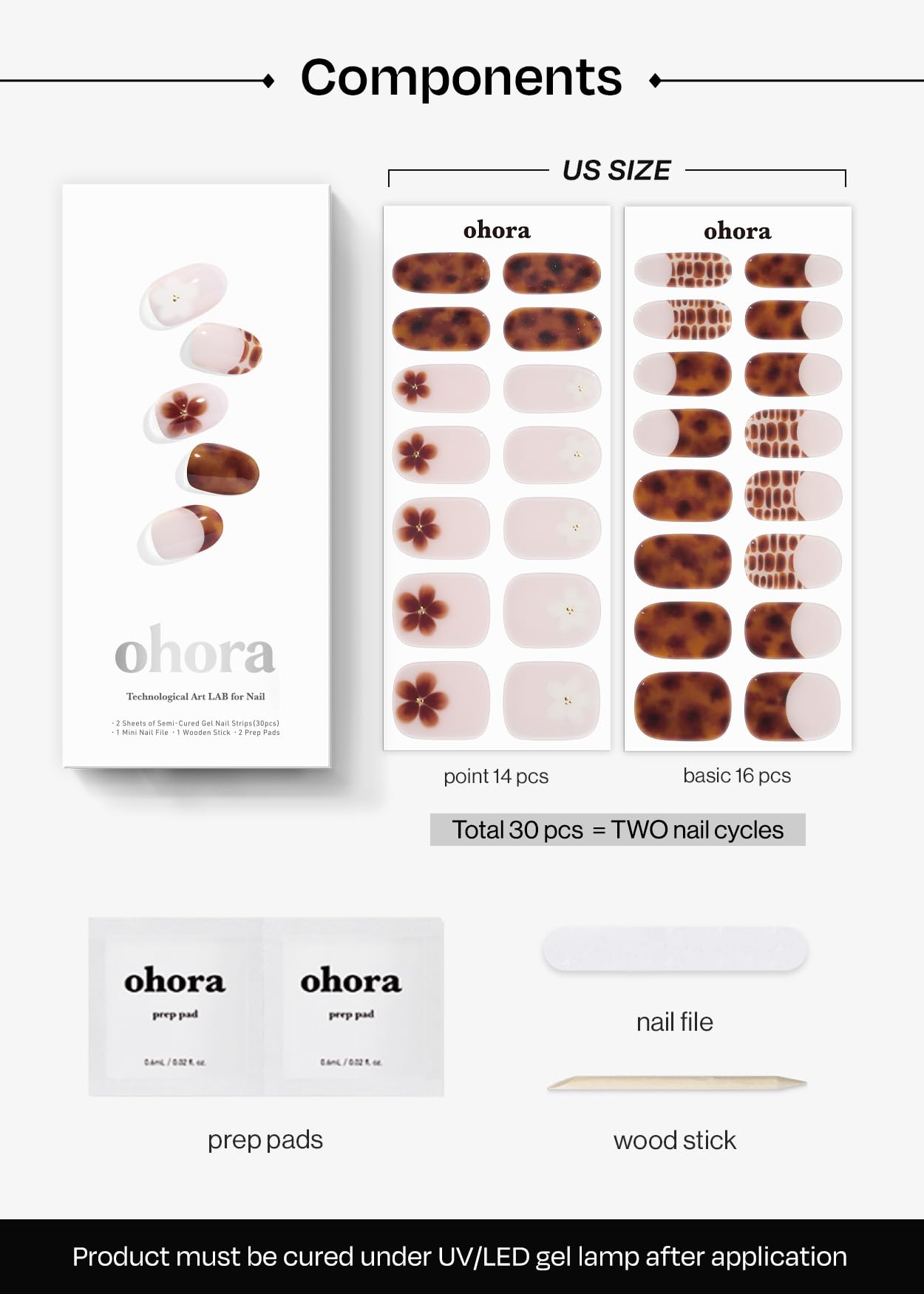 ohora Semi Cured Gel Nail Strips (N Tiki Tortoise) - Works with Any Lamps, Salon-Quality, Long Lasting, Easy to Apply & Remove - Includes 2 Prep Pads, Nail File & Wooden Stick