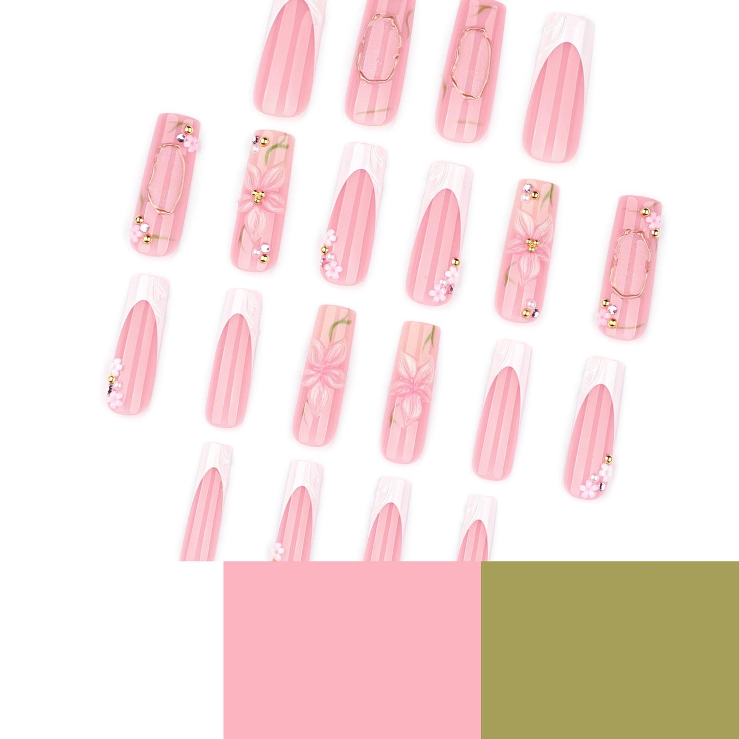 plalely Long Square Press on Nails,Handmade Acrylic Press on Nails with Designs，Long Press on Nail for Women 24pcs