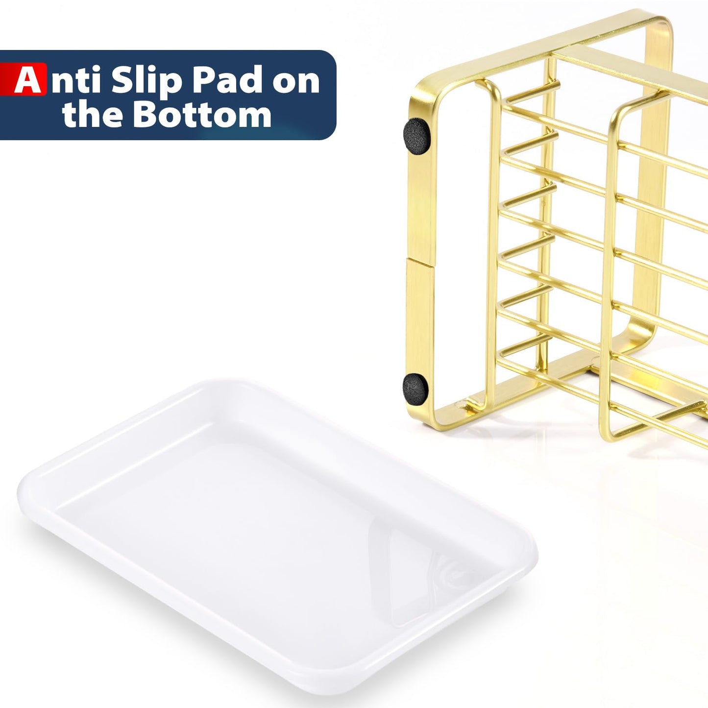 HULISEN Kitchen Sink Sponge Holder, 304 Stainless Steel Kitchen Soap Dispenser Organizer, Countertop Drainer with Removable Tray, not Including Dispenser and Brush, Gold