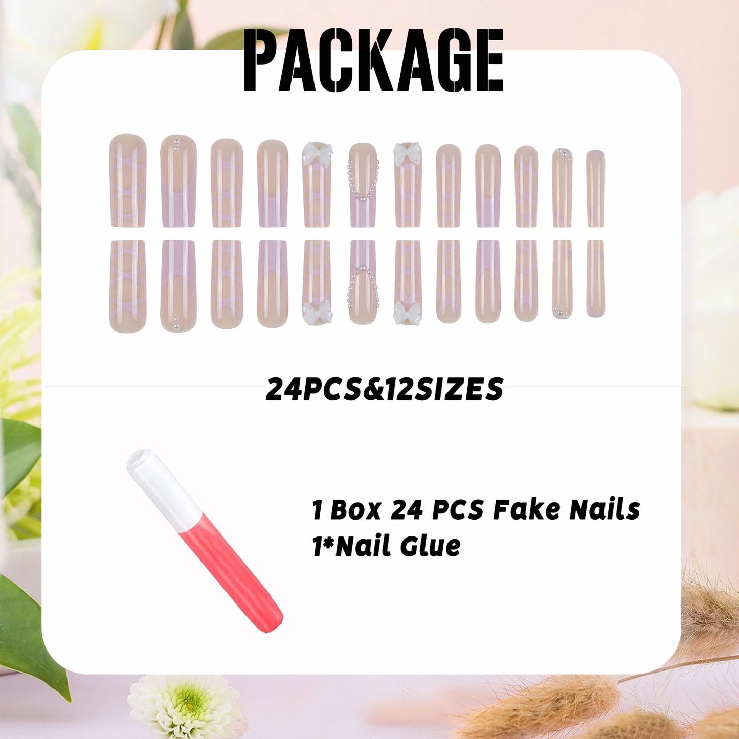 IMSOHOT Purple Press on Nails Long Square Fake Nails French Tips Glossy Acrylic False Nails with Bow Designs Full Cover Artificial Stick on Nails for Women 24Pcs