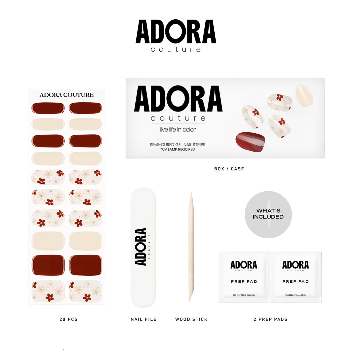 Adora Couture Semi-Cured Gel Nail Strips - 20 Salon-Quality Gel Sticker with UV Light Required, Long Lasting, Easy Application & Removal, Includes Prep Pad, Nail File, Wooden Stick (Natural Whim)
