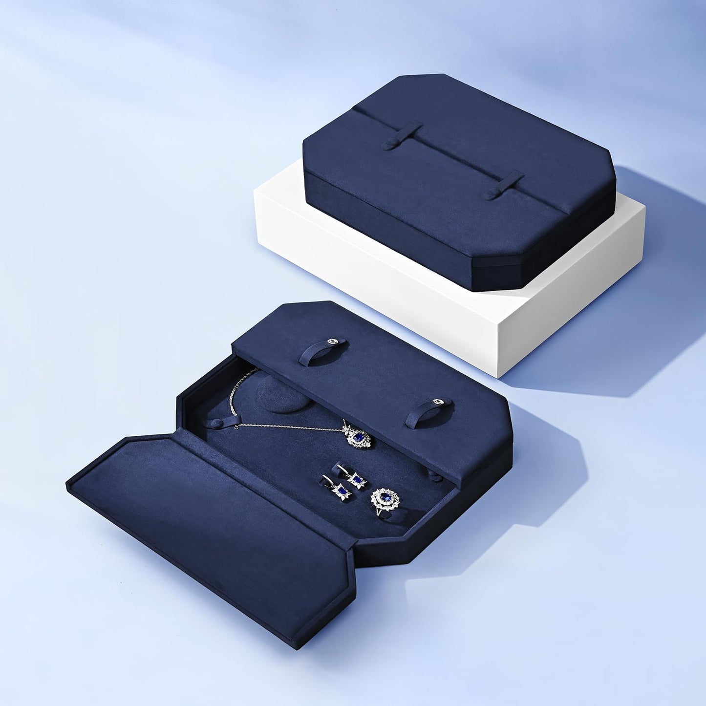 Oirlv Navy Blue Velvet Jewelry Set Storage Box, Luxury Organizer for Necklaces, Bracelets, Rings & Earrings, Elegant Gift Case