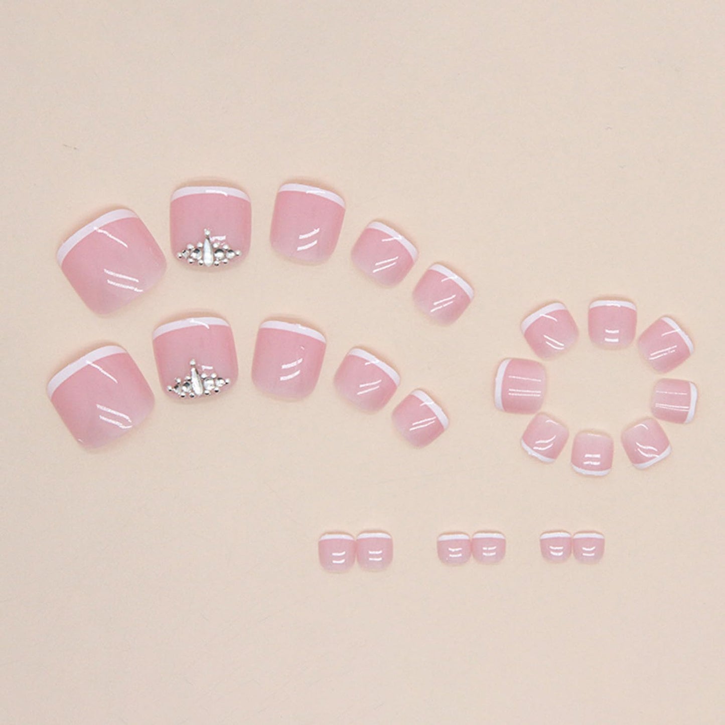 French Tips Press on Toenails Pink Square Toe Nails Tips Rhinestone Design White Nude Glossy Toe Nails Fake Nails Summer False Toe Static Nails Artidicial Acrylic Nails for Women 24Pcs