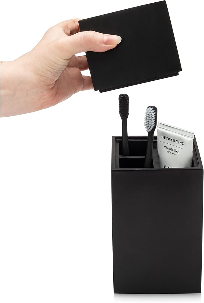 Essentra Home Toothbrush Holder with Lid, Elegant Matte Black Bathroom Toothbrush & Toothpaste Organizer – Matte Black Collection