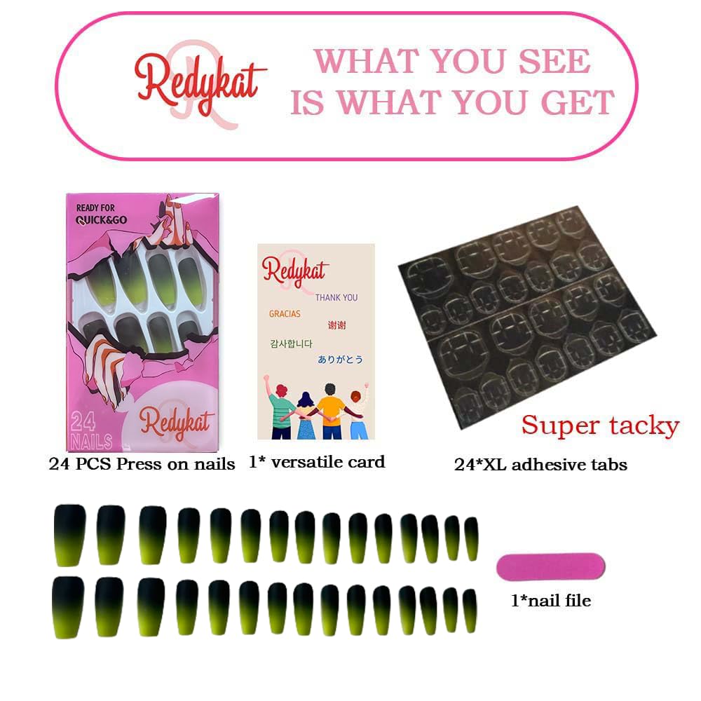 Redykat 24PCS Medium Coffin Matte Press On Nails, Salon Quality Nail Art, Black and Green Acrylic False Nails, Neon Green Fake Nails, Home Quick Manicure (Punk Neon)