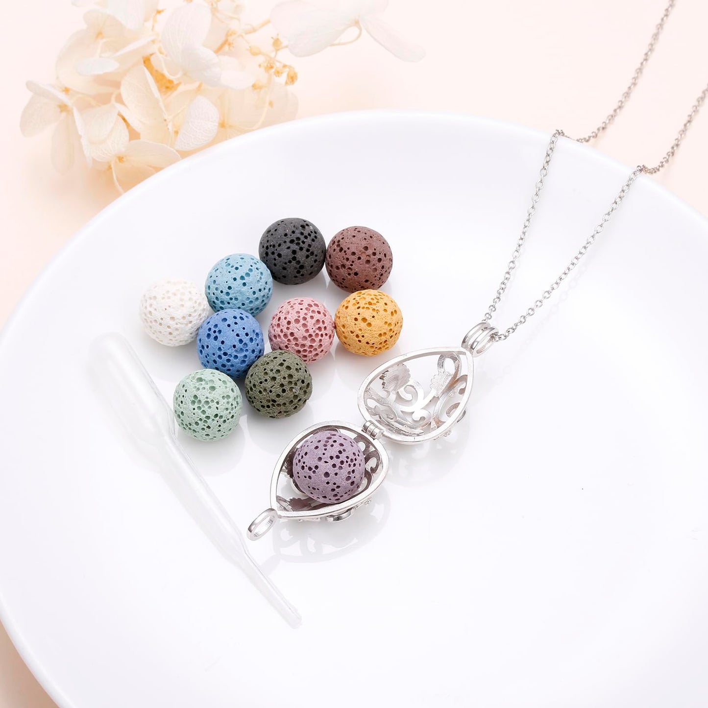 DAOCHONG S925 Sterling Silver Aromatherapy Essential Oil Diffuser Necklace Teardrop Flower Locket Perfume Pendant Necklace Jewelry 18+2 inches Adjustable Chain with 10 PCS Stones