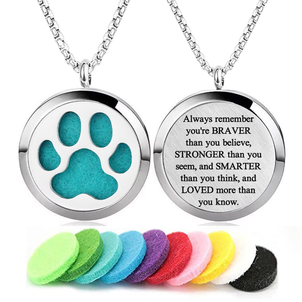 Aromatherapy Essential Oil Diffuser Necklace 316L Stainless Steel Locket Pendant with 24 Inch Chain (Dog Paw)