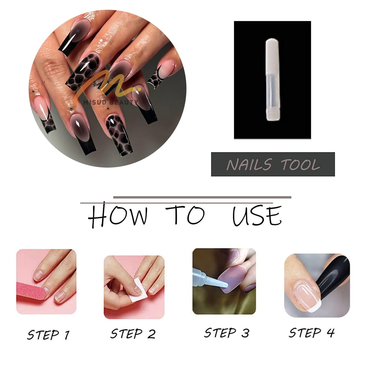 MISUD Press on Nails - Long Square Fake Nails with Black Brown French Tip, Acrylic Tortoise Design 24 pcs