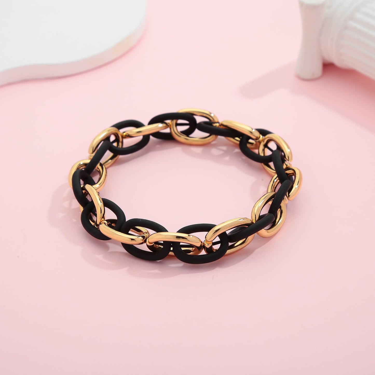 WOWORAMA Chunky Chain Bracelet for Women Men Black Gold Stretch Link Chain Bangle Bracelets Mixed Metal Thick Chunky Link Bracelet Elastic Adjustable Statement Bracelets