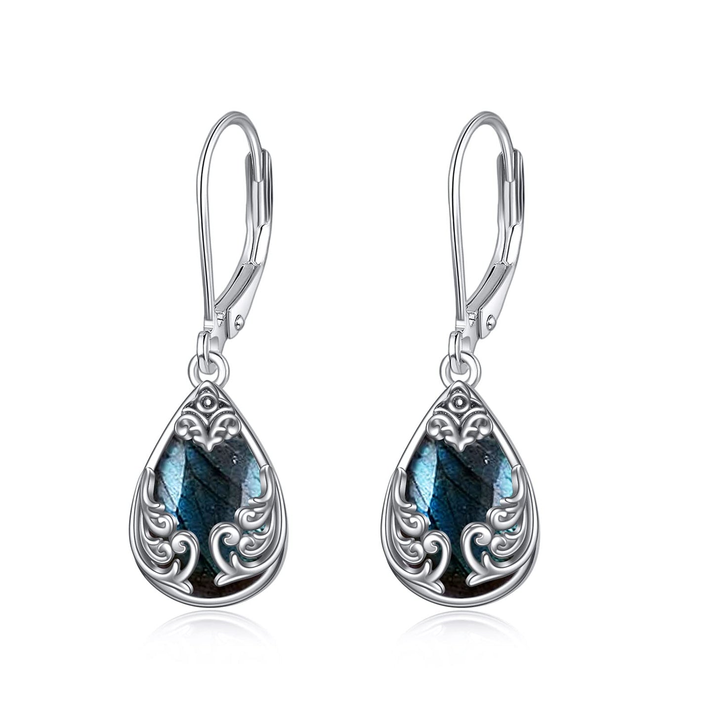 POPLYKE Labradorite Filigree Teardrop Drop Dangle Earrings Sterling Silver Leverback Earrings Jewelry