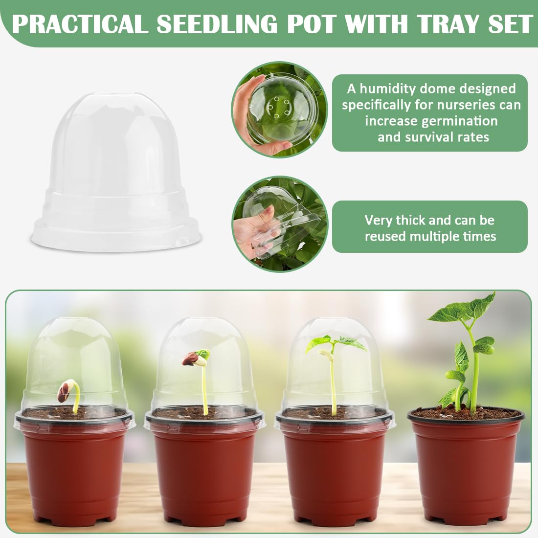 RooTrimmer 4 Inch 60 Pack Nursery Pots with Humidity Domes & 5 Pack 12 Cell Round Seedling Pot Carrying Trays, Sturdy Seeds Starter Pot Germination Set, Small Planter Nursery Propagation 5 Sets