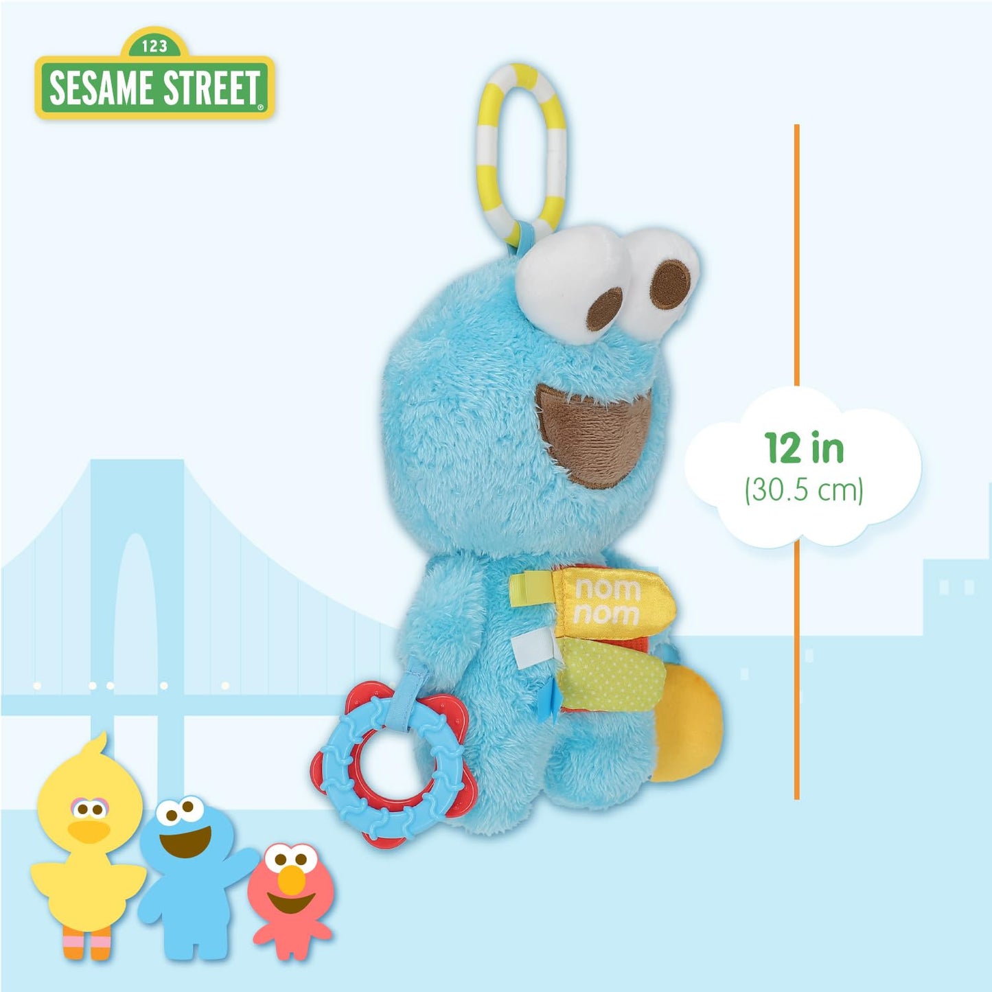 Kids Preferred Sesame Street Cookie Monster Activity Toy with Teething Rings, Crinkle Sounds, and On The Go Clip for Babies and Infants