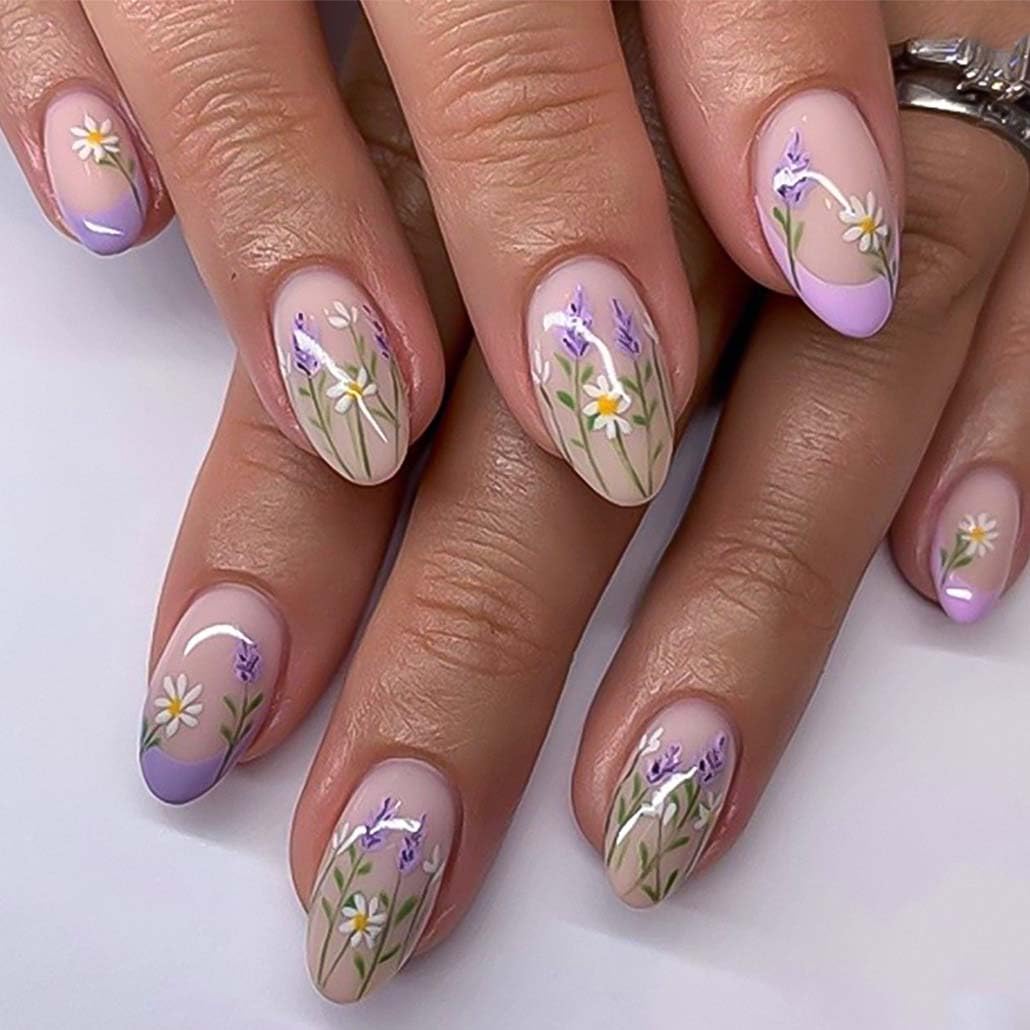 Foccna Press on Nails Acrylic Almond Medium Purple Fake Nails Flower Design Glossy False Nail Tips Artificial Nails Finger Manicure for Women and Girls 24pcs