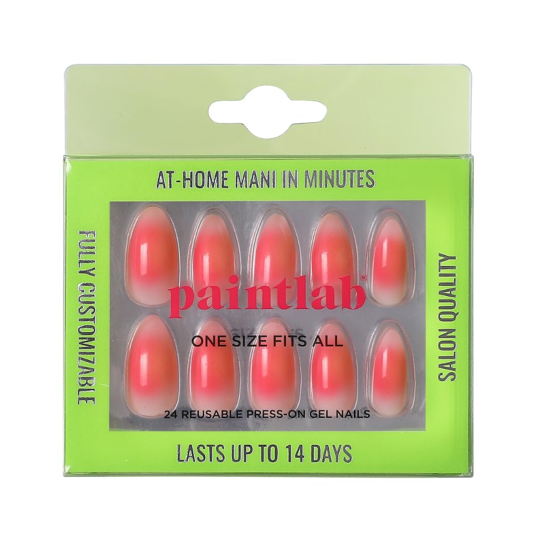 PaintLab Press On Nails - Pink 999 Aura Almond Fake Nails, 24 Nails in 12 Sizes with Glue, Reusable Salon Quality Press On Nails