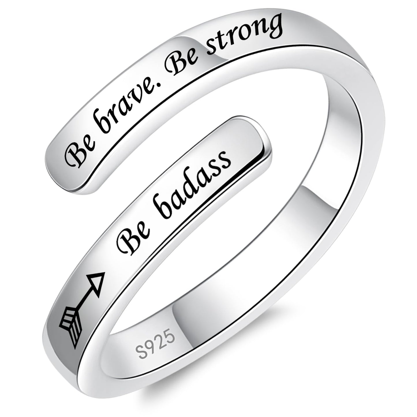 925 Sterling Silver Inspirational Jewelry Adjustable Wrap Open Ring Encouragement Gift for Women(Be brave. Be strong. Be badass)