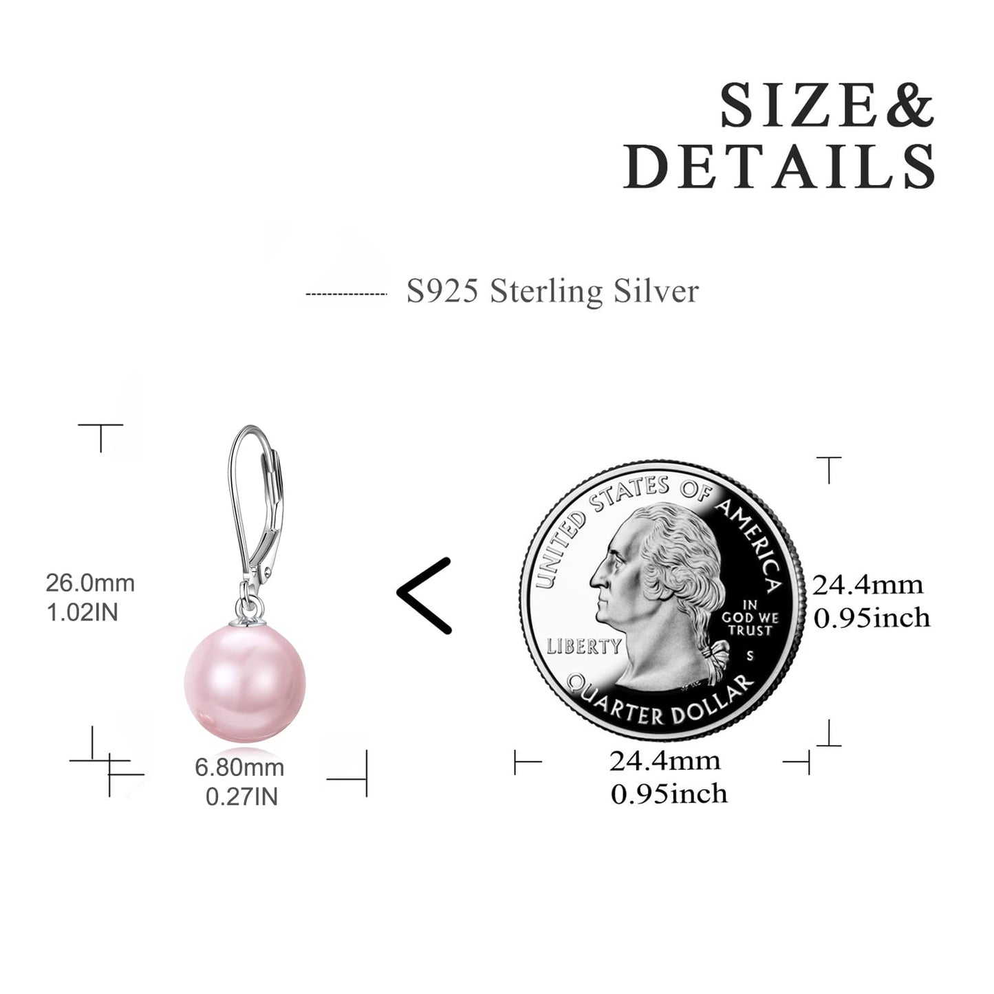 925 Sterling Silver Pink Pearl Leverback Earrings Dangle Drop Jewelry Gifts for Women (Pink Pearl)