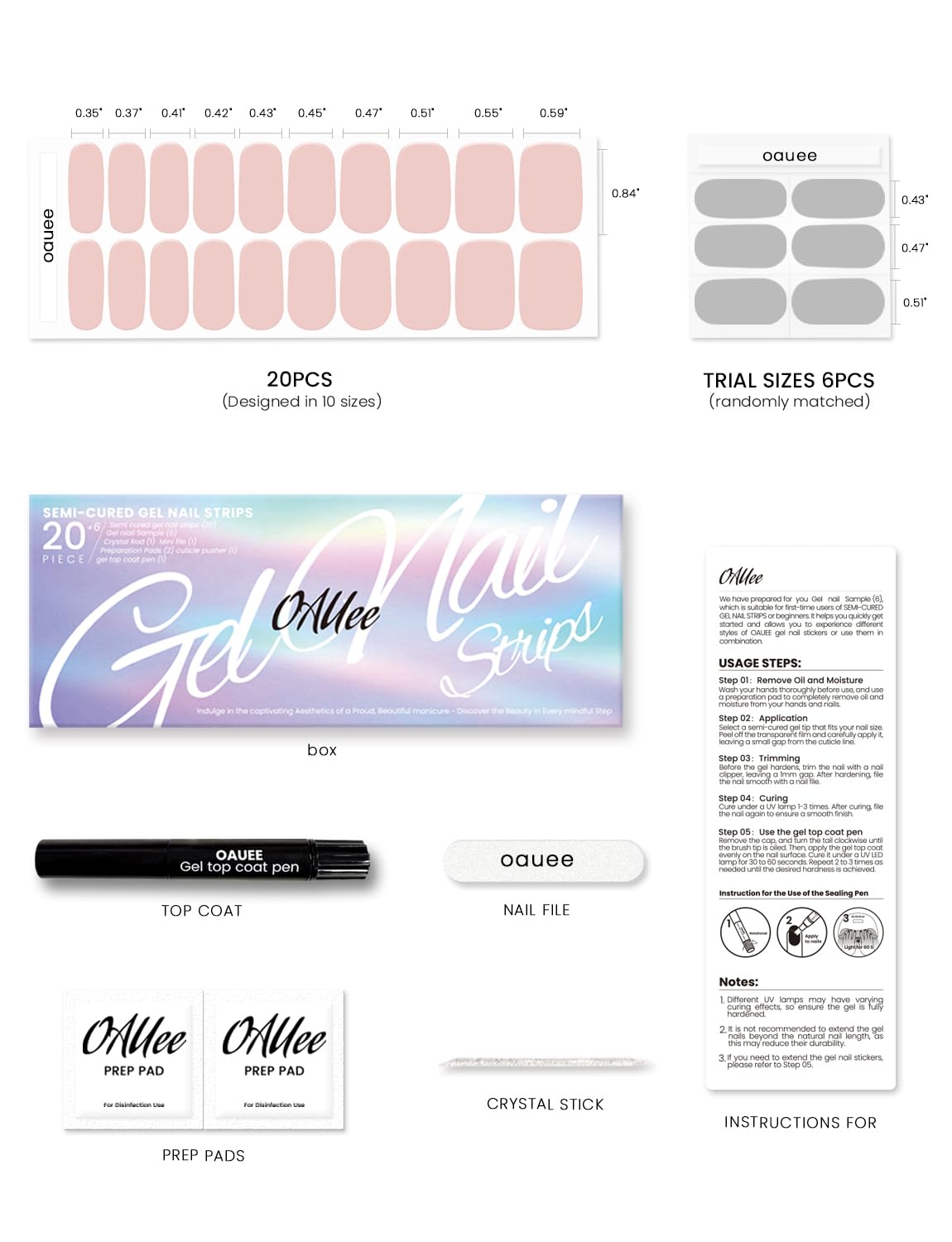 Oauee Semi Cured Gel Nail Strips | Built-In Gel Top Coat | UV Light Required | Salon Quality, Easy Application And Removal (Gray flash)