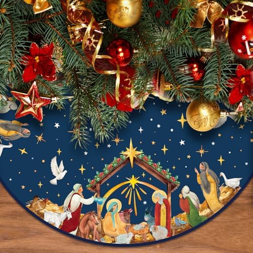 Christian Christmas Tree Skirt Religious Jesus Nativity Scene Xmas Tree Mat Navy Blue Christmas Holiday Jesus Indoor Outdoor Party Decor (36 Inches)