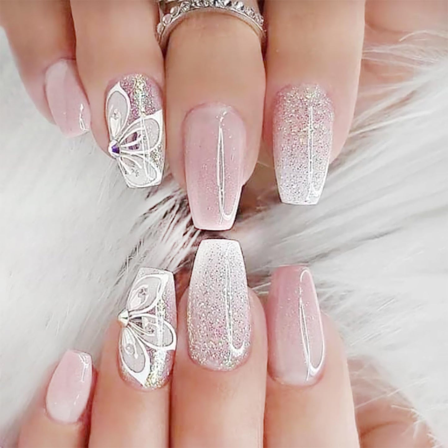 24Pcs Medium Long Press on Nails Gradient Pink Fake Nails White Flower with Rhinestones Nail Sequins Glitter Full Cover Glue on Nails Coffin False Nails for Women Girls Acrylic Nail Decorations