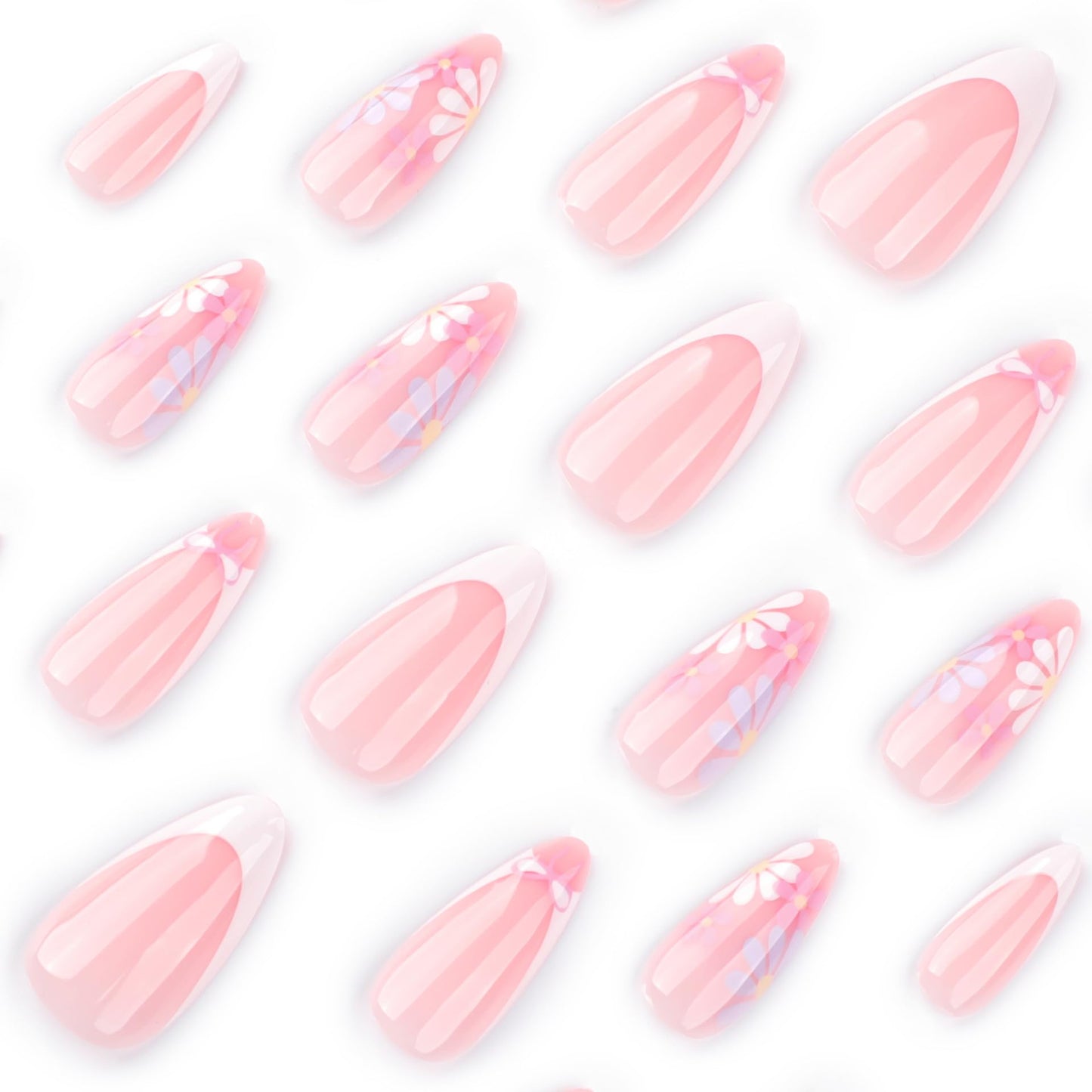 SEENEEY Almond Press On Nails Medium French Tip False Nails White Artificial Nails Floral Stick On Nails 24pcs