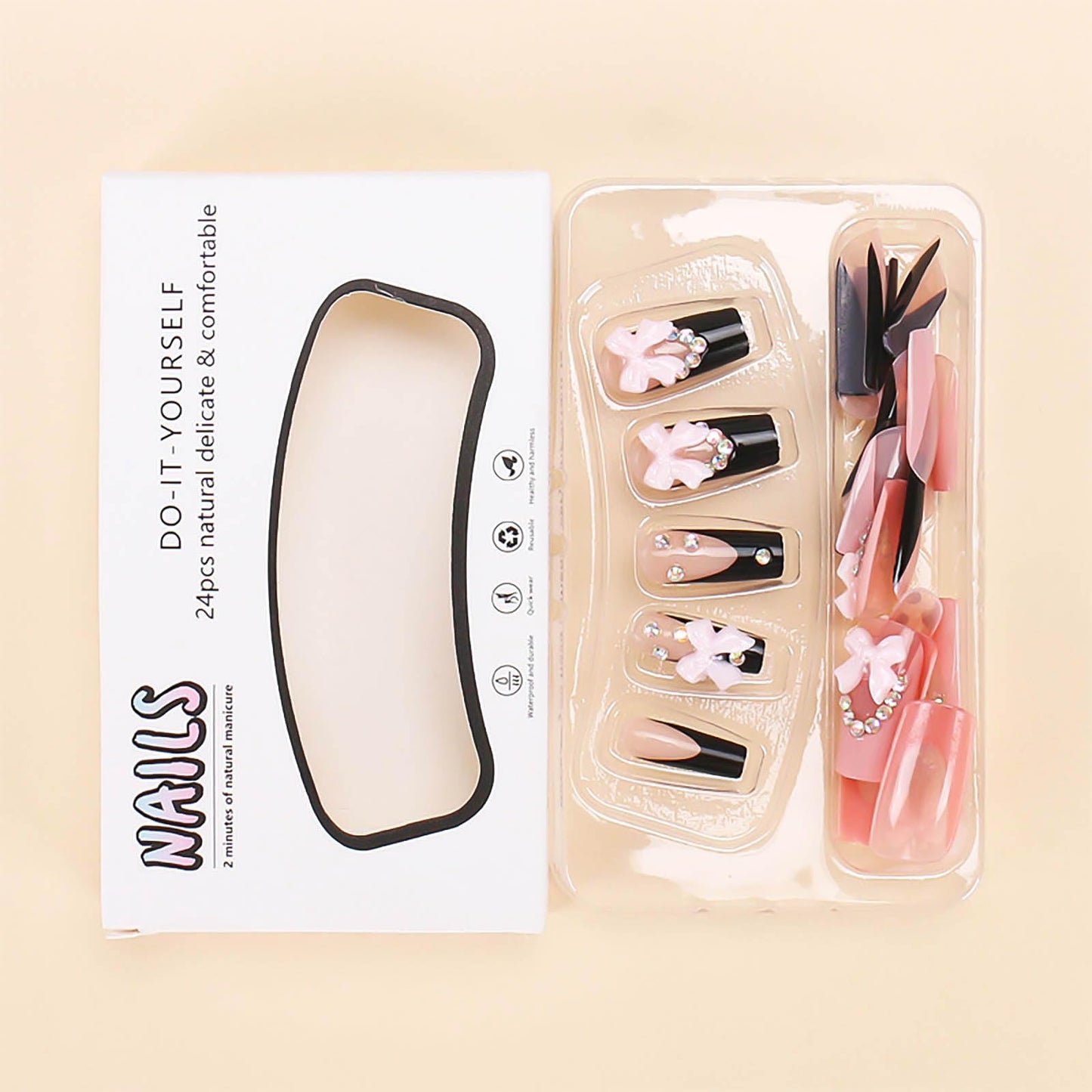 RUOKEXIN Long Square Press-on Nails: French Tip False Nails with Bow Rhinestones Designs - Pink, Black, Sparkly, Artificial 24Pcs