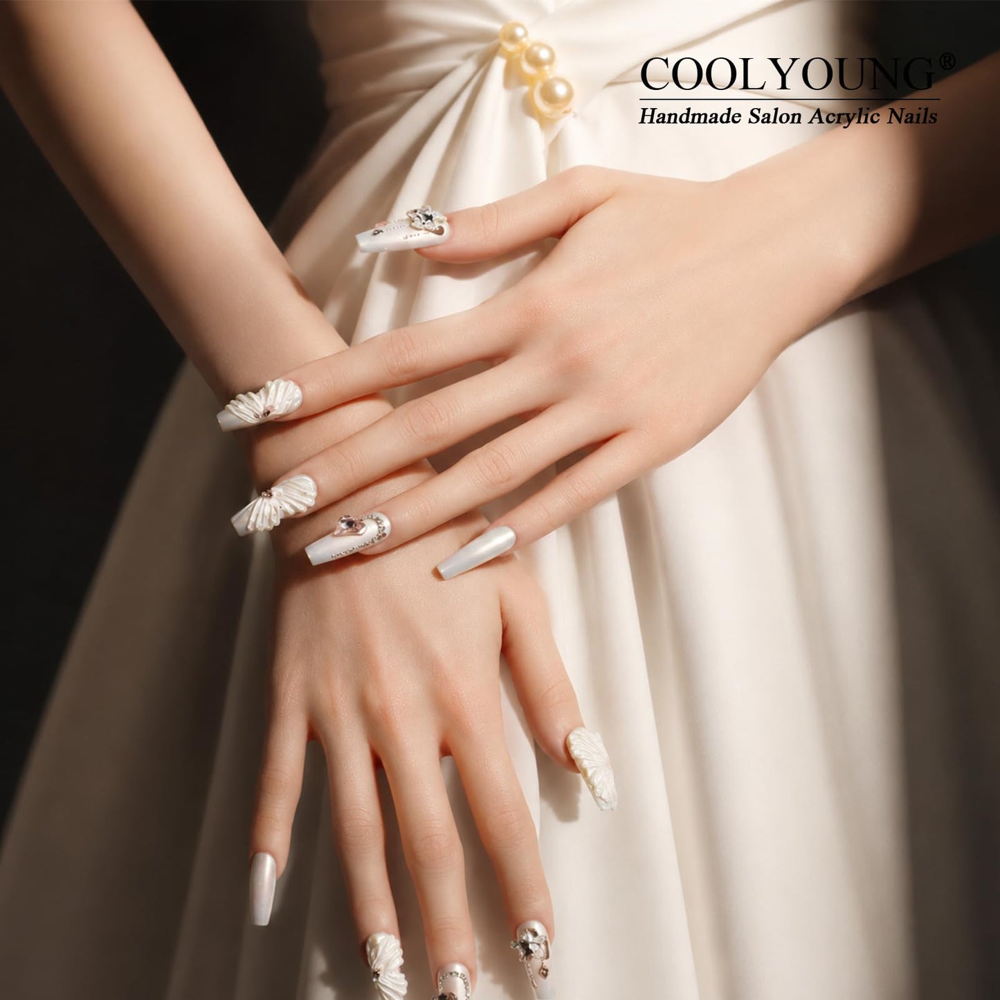 Handmade Nails, Coffin White Nails, 3D Artificial Rhinestone Press On Nails, Luxury Press On Nails, Gifts For Women, COOLYOUNG 10 PCS, Size L