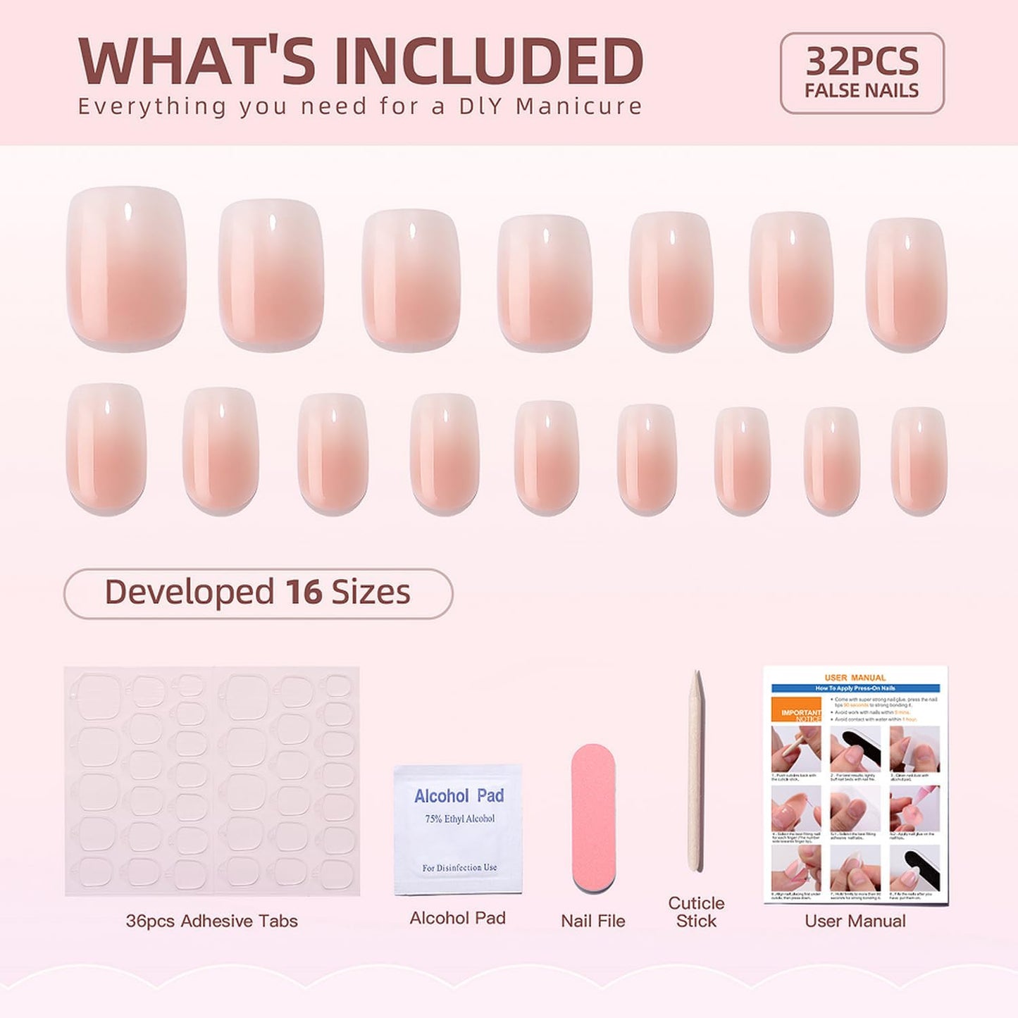 Short Square Press on Nails Luxurious Thickened False Nail with White Pink Gradient Designs Muti-Layer Gel Fake Nails Full Cover Stick on Nail Glossy Acrylic Nails for Women DIY Art 32 Pcs
