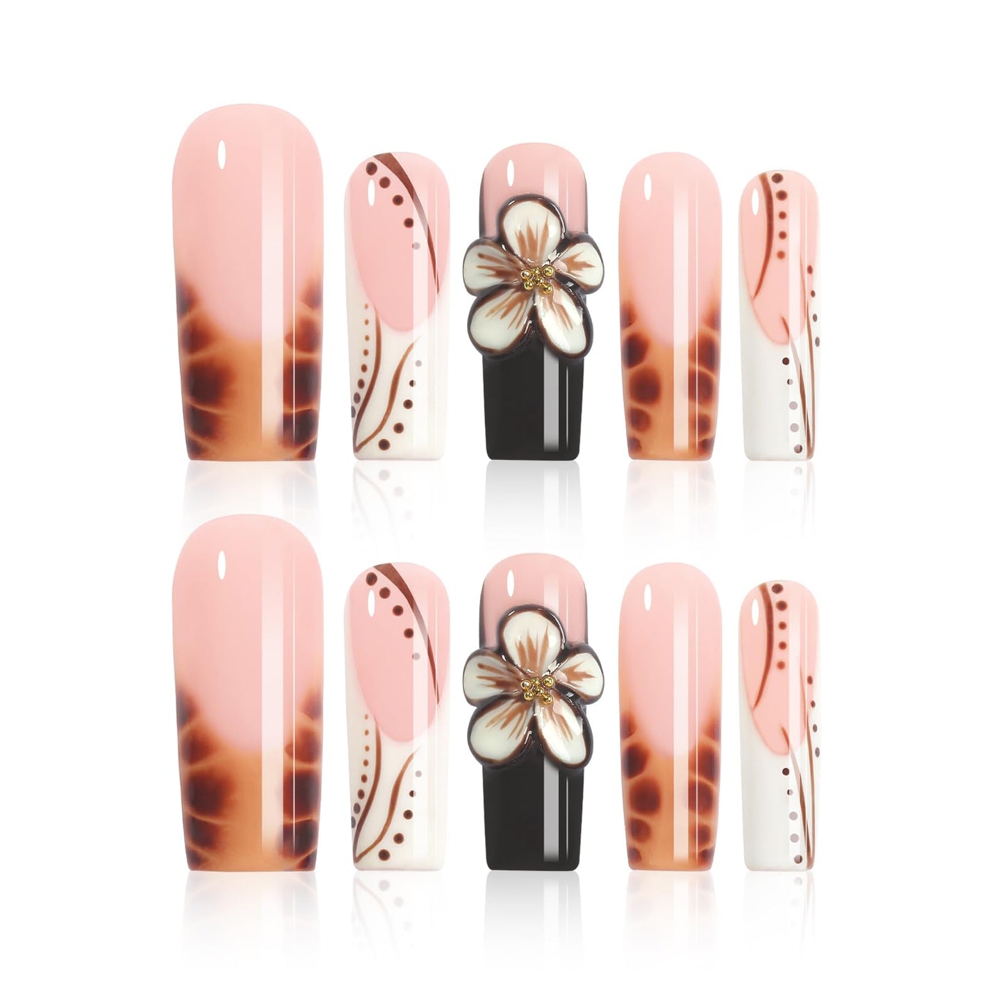 XGV Handmade Long Square Press on Nails, Handmade Art Fake Nail with Gradient Carving Flower, 3D Press on Nails for Party Wedding Salon