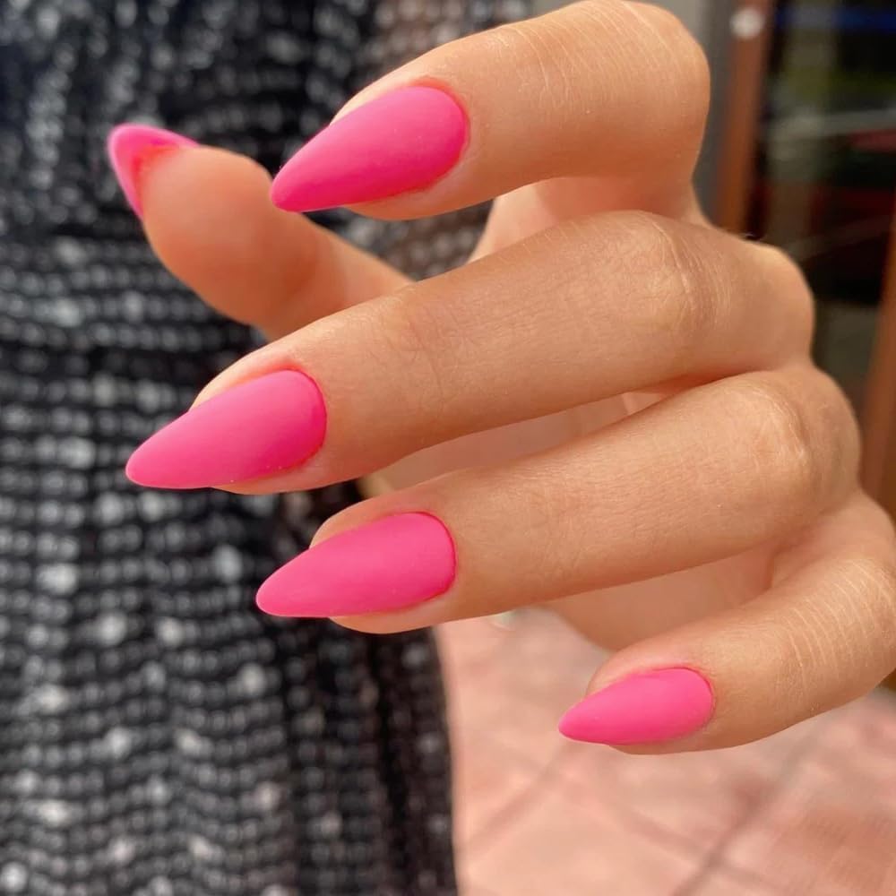 KQueenest Matte Hot Neon Pink Press on Nails Medium Almond Stiletto Gel Fake Nails Glue on Medium Pure Color Acrylic Nails Press ons Feature Protective UV Coating in 24PCS