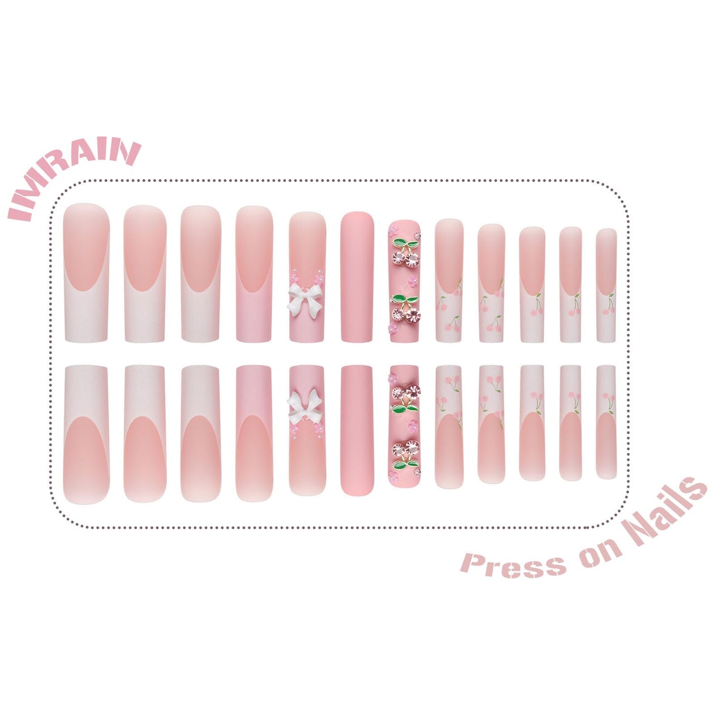 IMRAIN Press on Nails Extra Long Square Fake Nails Pink Cherry Charms False Nails with Designs French Tips Matte Full Cover Bow Flower Cute Stick on Nails for Women 24Pcs