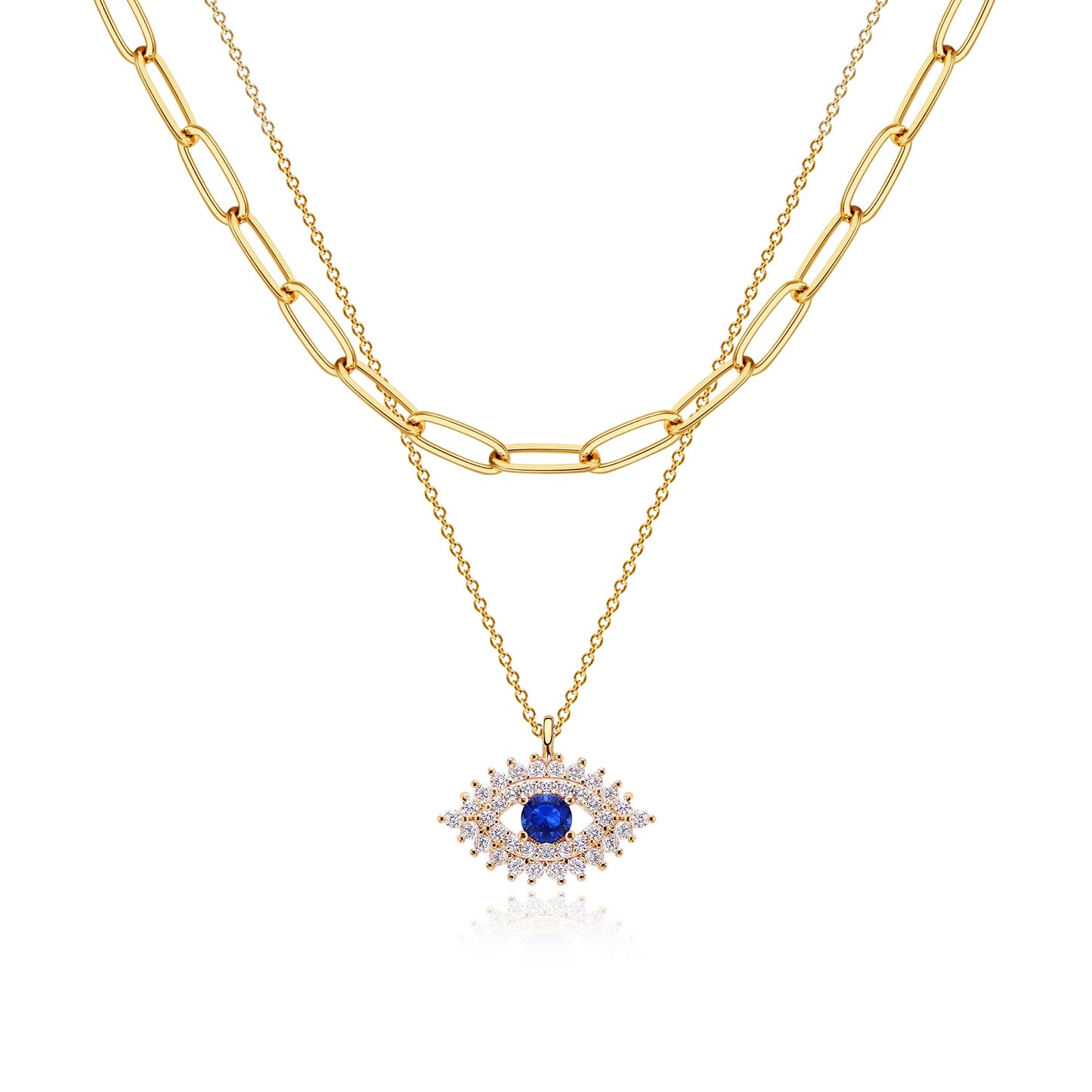 MEVECCO Layered Blue Evil Eyes Necklace Handmade 18k Gold Plated Dainty CZ Third Eyes Pendant Double Layer Lucky Necklace for Women