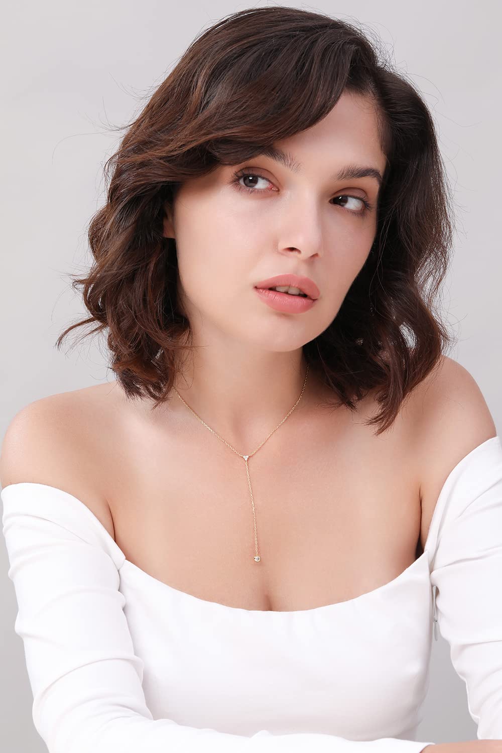 Metzakka Handmade Sterling Silver Lariat Necklace, Simulated Diamond Dainty Drop Y Chain Necklace for Women (Gold with Gift Box)