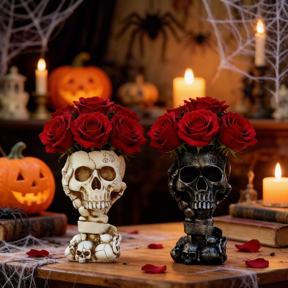 Skull Planter, Goth Flower Pot, Gothic Plant Pots, Succulent Pots with Drainage, Halloween Plant Pot, Tall White Skulls Statue, Funny Desk Home Decor, Cool Figurines Flower Pots Gift for Mother Father
