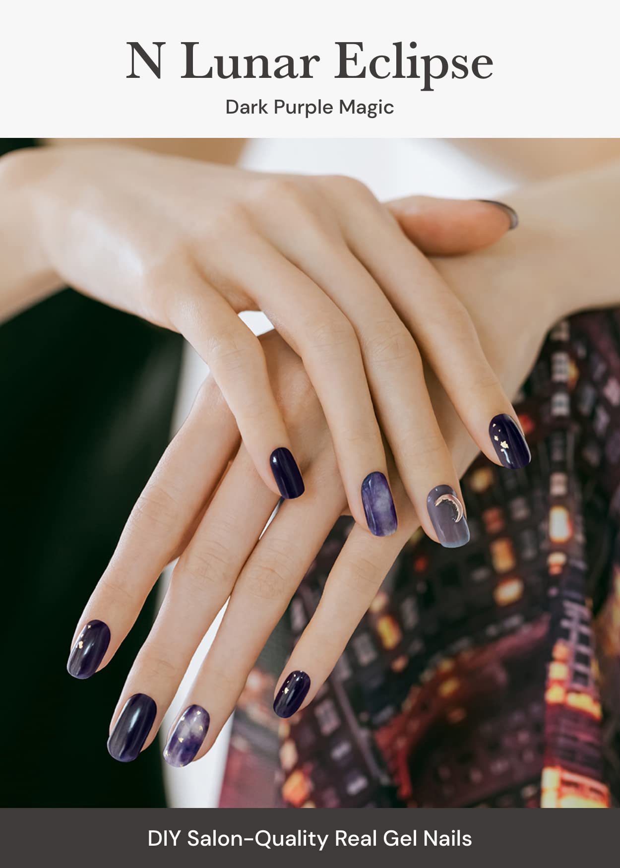 ohora Semi Cured Gel Nail Strips (N Lunar Eclipse) - Dark, Patterned, Works with Any UV/LED Lamps, Salon-Quality, Long Lasting, Easy to Apply & Remove - Includes 2 Prep Pads, Nail File & Wooden Stick