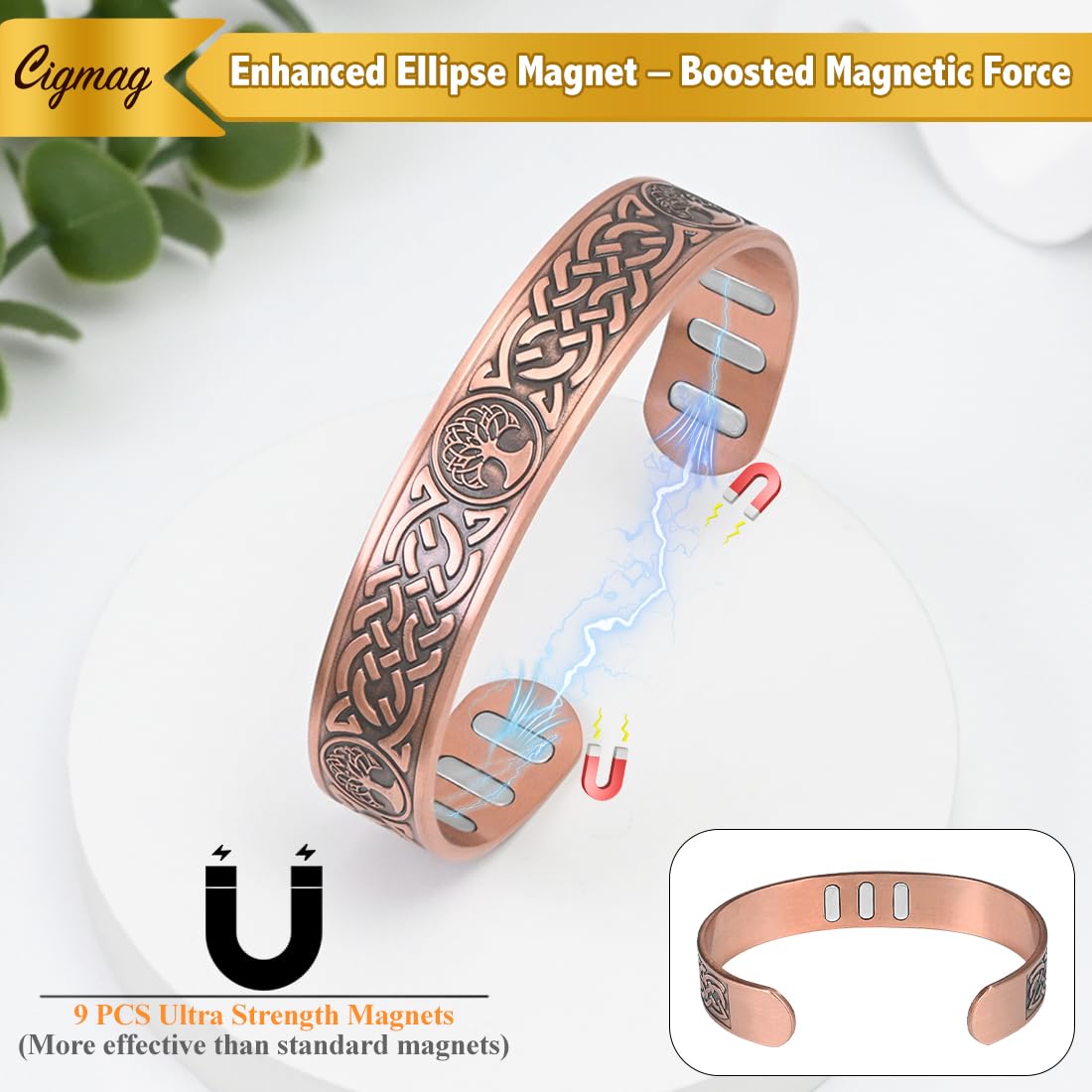 Cigmag Copper Magnetic Bracelet for Men, with Powerful 9X 5000 Gauss Magnets, Adjustable Solid Pure Copper (Lotus Life Tree)