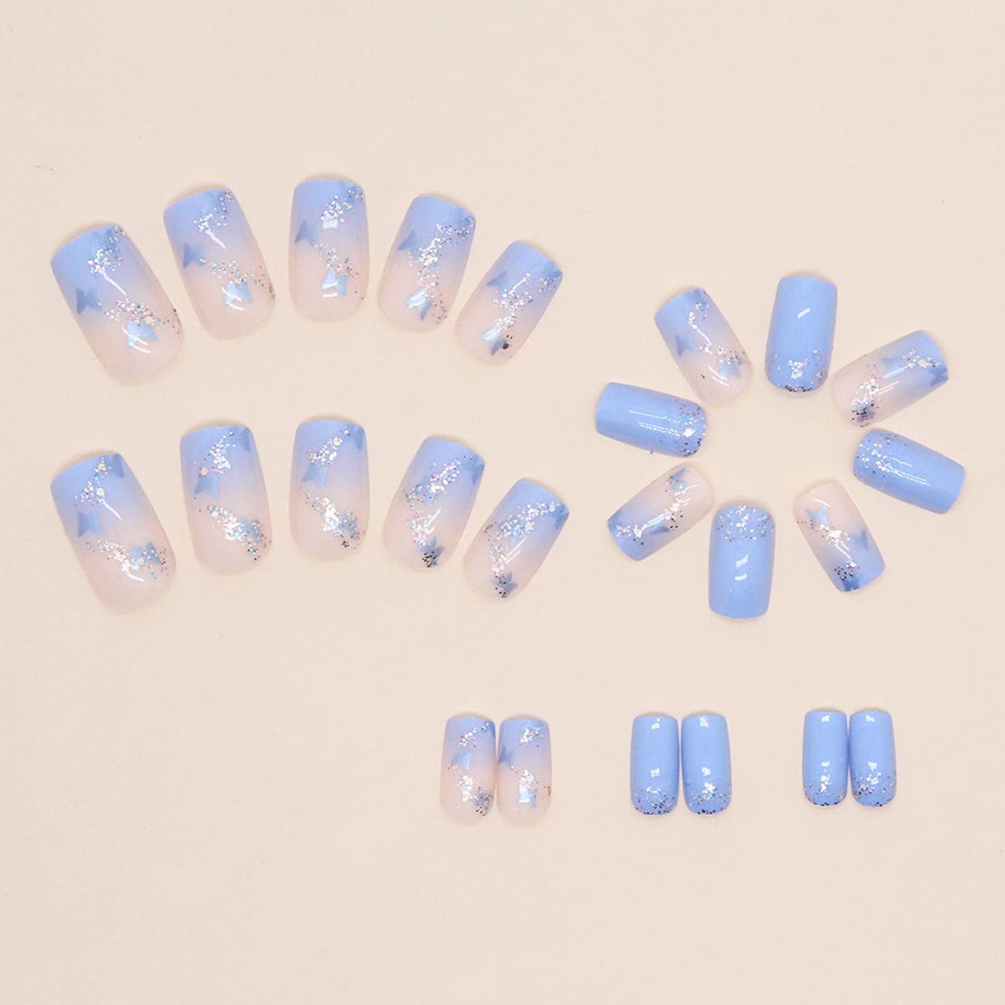 MISUD Press on Nails - Short Square Glue on Nails with Summer Blue, Acrylic Spring Butterfly Design 24 pcs