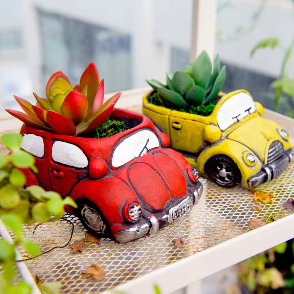 Ascrafter 2 Pack Cute Car Plant Pots, Funny Cartoon Succulent Planters with Drainage Hole (Redcar+PurpleBus)