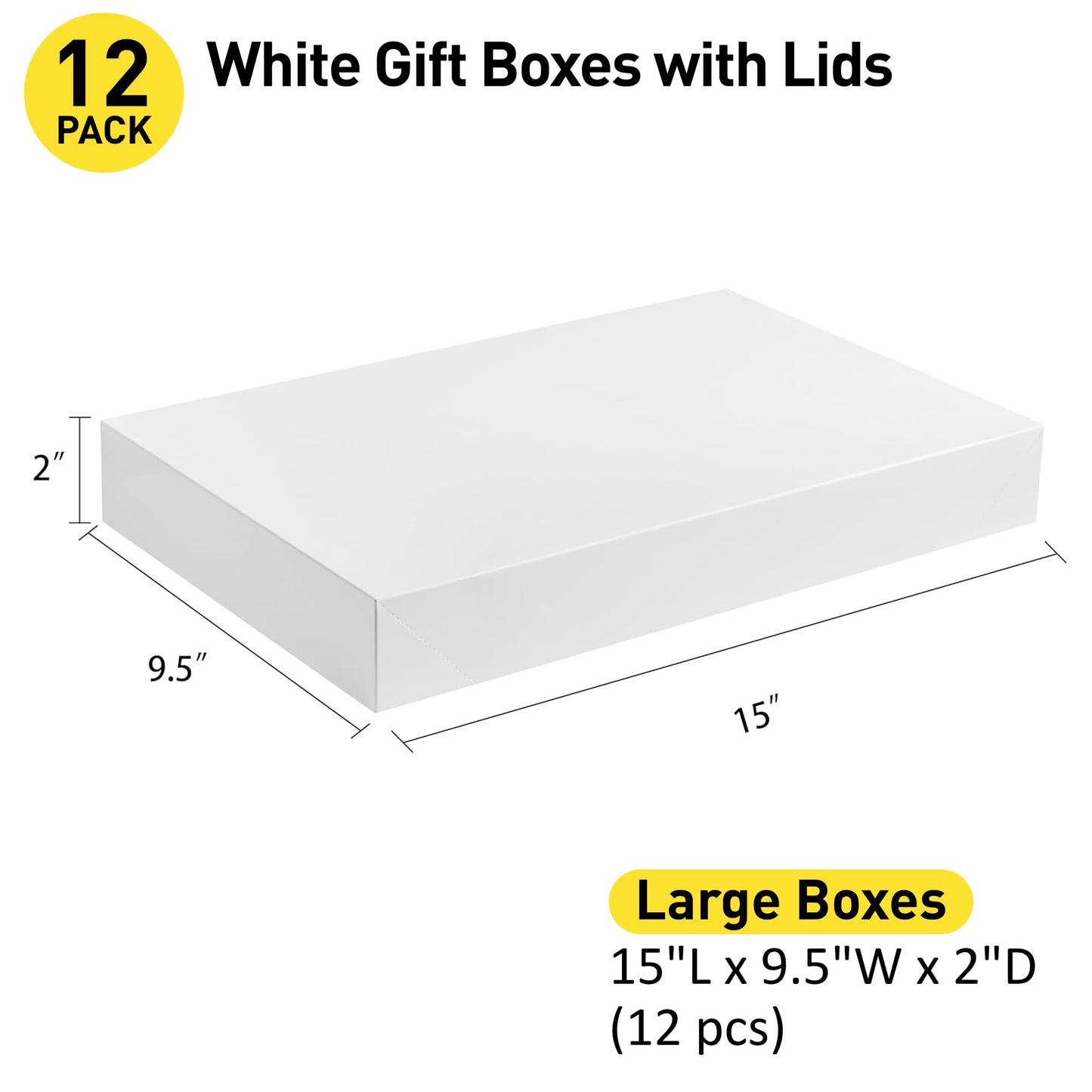 SUNCOLOR Large Gift Boxes With Lids, White Cardboard, 15 x 9.5 x 2 Inches, 12 Pack, for Clothes, Shirts, Presents, Clean & Elegant White Finish