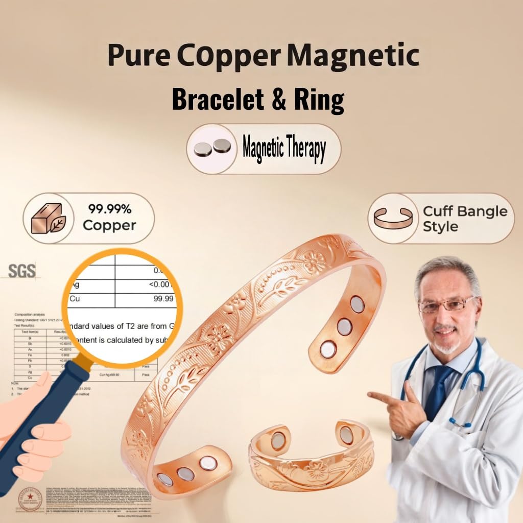 LONGRN-Pure Copper Magnetic Bracelet & Ring Adjustable Size for Women