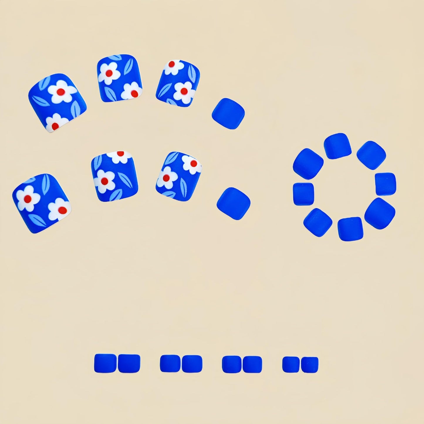 24Pcs Flower Press on Toe Nails Short Square Fake Toenails Blue Acrylic Toe Nails with White Floral Designs Cute Matte False Toenails Spring Summer Glue on Toe Nails for Coquette Women
