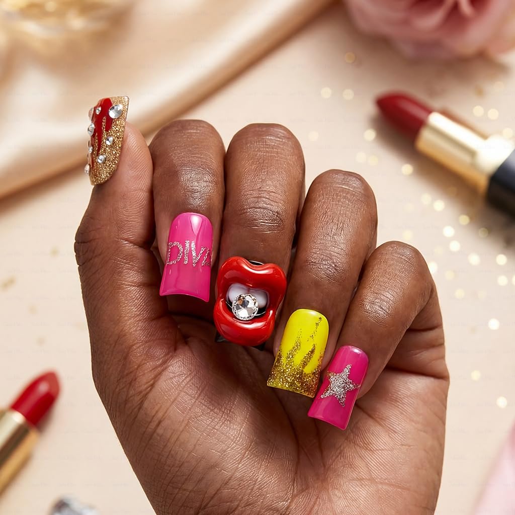 IntoVibes 10 Pieces Luxury Acrylic Press On Nails Short Handmade Duck Nails, Pink Thickened False Nails, Rhinestone And 3D Red Lips, Reusable Fake Nails, Acrylic Nails (L)