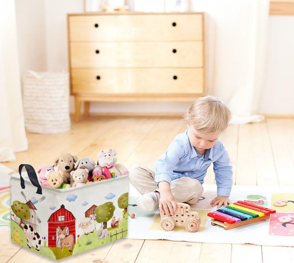 Sanjiaofen Rectangular Kids Baskets,Farm Baskets for Kids .Waterproof PE Coating Cute Basket with Handles.Boys Bins,Gifts Box,Books Basket. (Farm)